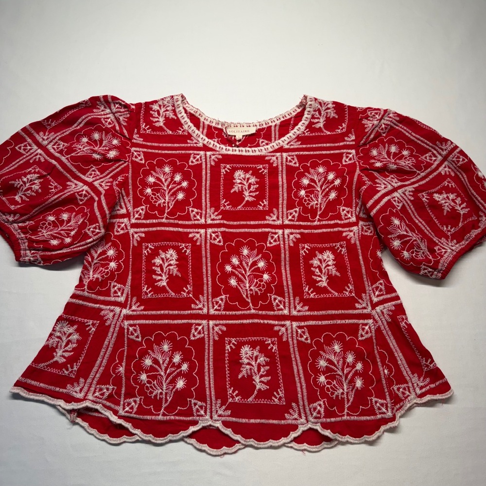 Solitaire Embroidered Boho Cottagecore Top Red White Puff Sleeve Scallop Hem L
